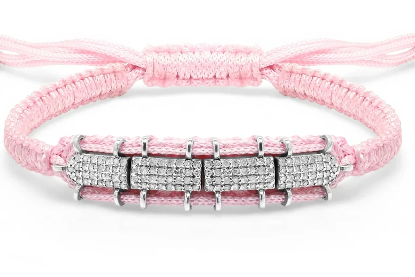 Baby Pink Row Bracelet: soft pink braided cord with four pavé diamond links set in a row and an adjustable sliding knot