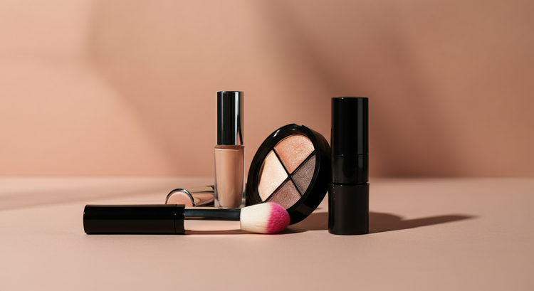 Makeup products arranged against a soft beige background